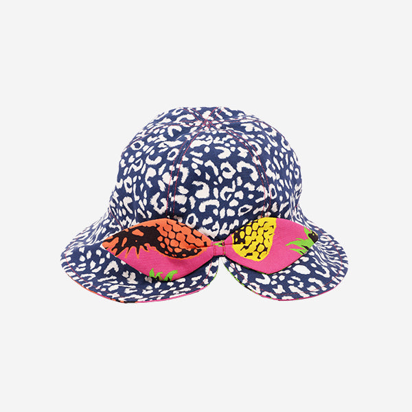 Back view of Little Hotdog Watson kids floppy bonnet sun hat in Leopardtude 