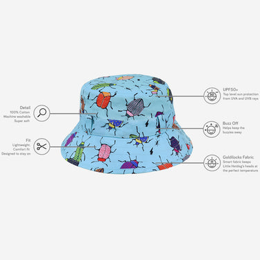 Kids sun bucket hat in blue with bug print (Image #9)