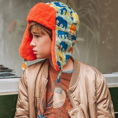 kid wearing a elephant print fur trapper children's hat (Image #8)