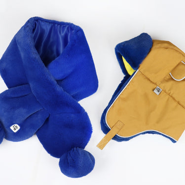 Cinnamon colour winter trapper hat with blue faux fur and matching blue scarf (Image #10)