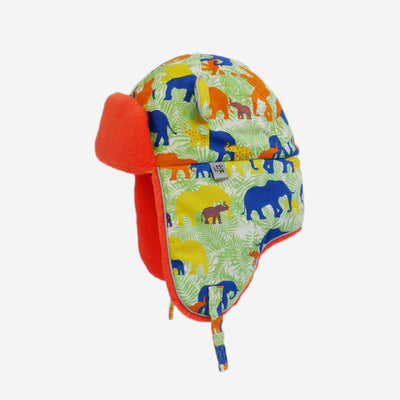flat lay of elephant print arctic cub kids hat